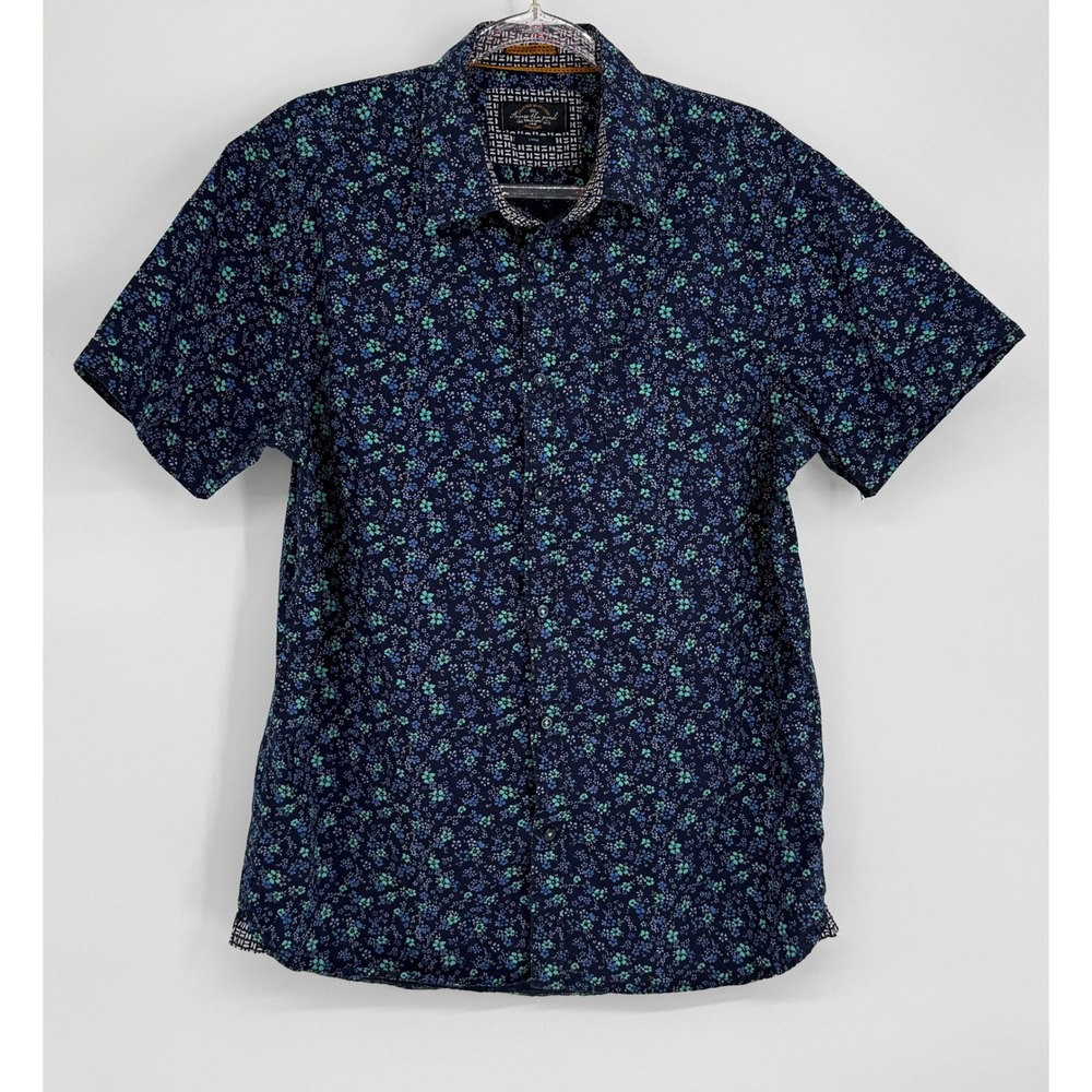 Across the Pond Mens Navy Blue Floral Cotton Short Sleeve Button Down Shirt Sz L